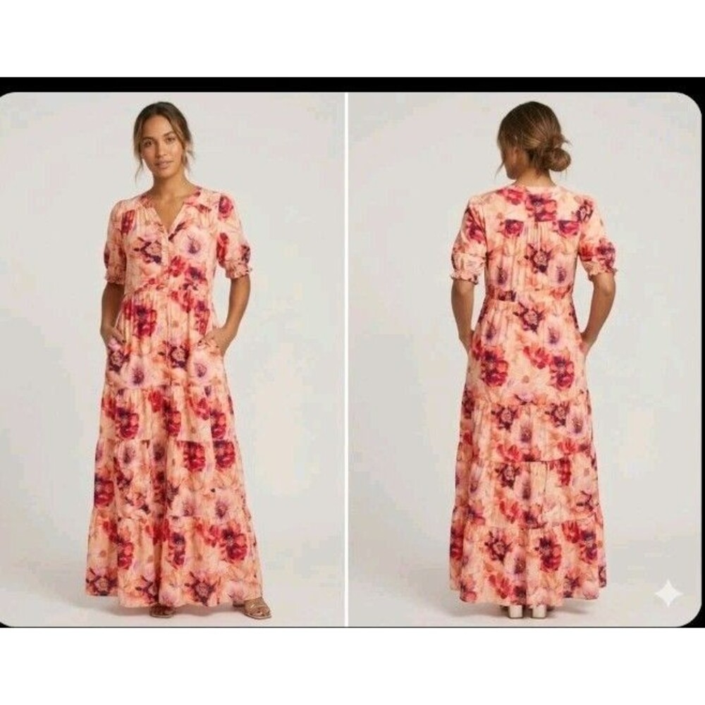 Mason & Belle Maxi Dress Size L Orange Floral Tiered Pockets Button V Neck...